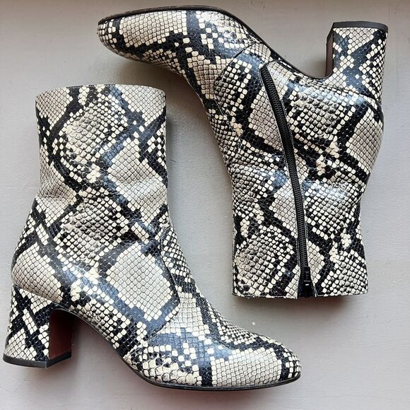 Chie Mihara Naylon Beige Snakeskin Mid Calf Block Heel Boot Women EU 39.5 US 8.5 - Picture 1 of 16